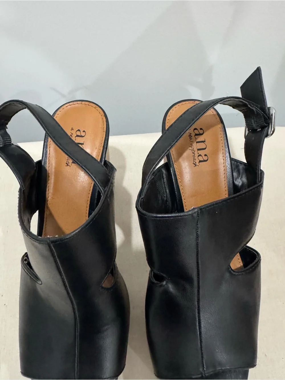 a.n.a Black Leather Cutout Platform Slingback Heels